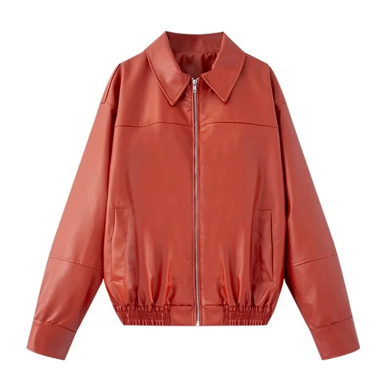 Damen Kurzjacke aus Kunstleder im Oversized-Bomberstil mit Hemdkragen und elastischem Saum Drune