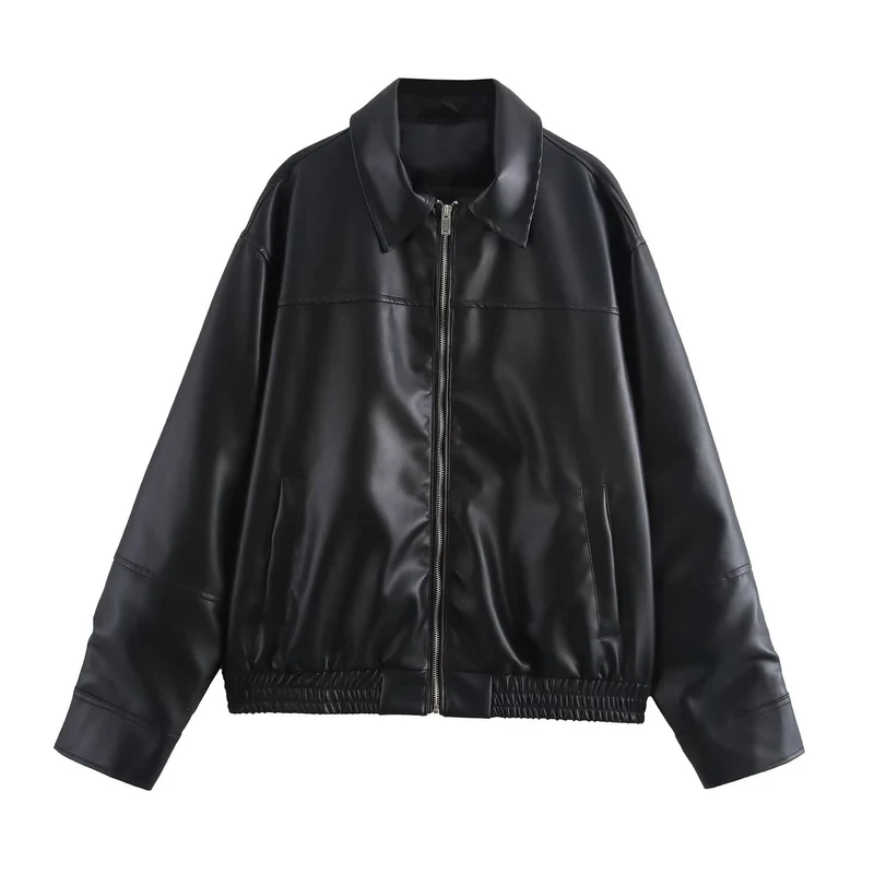 Damen Kurzjacke aus Kunstleder im Oversized-Bomberstil mit Hemdkragen und elastischem Saum Drune