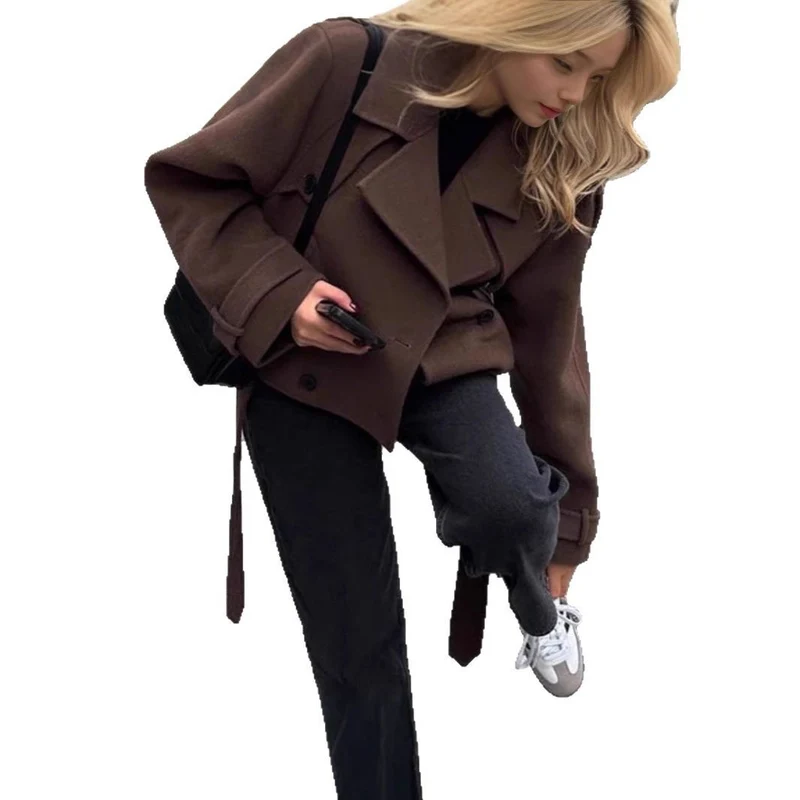Damen Kurzer Wollmantel mit oversized Kragen, doppelreihiger Knopfleiste und Bindegürtel Drune