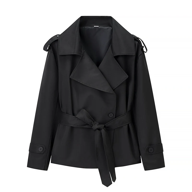 Damen Kurzer Trenchcoat mit Bindegürtel und Doppelreiher Drune