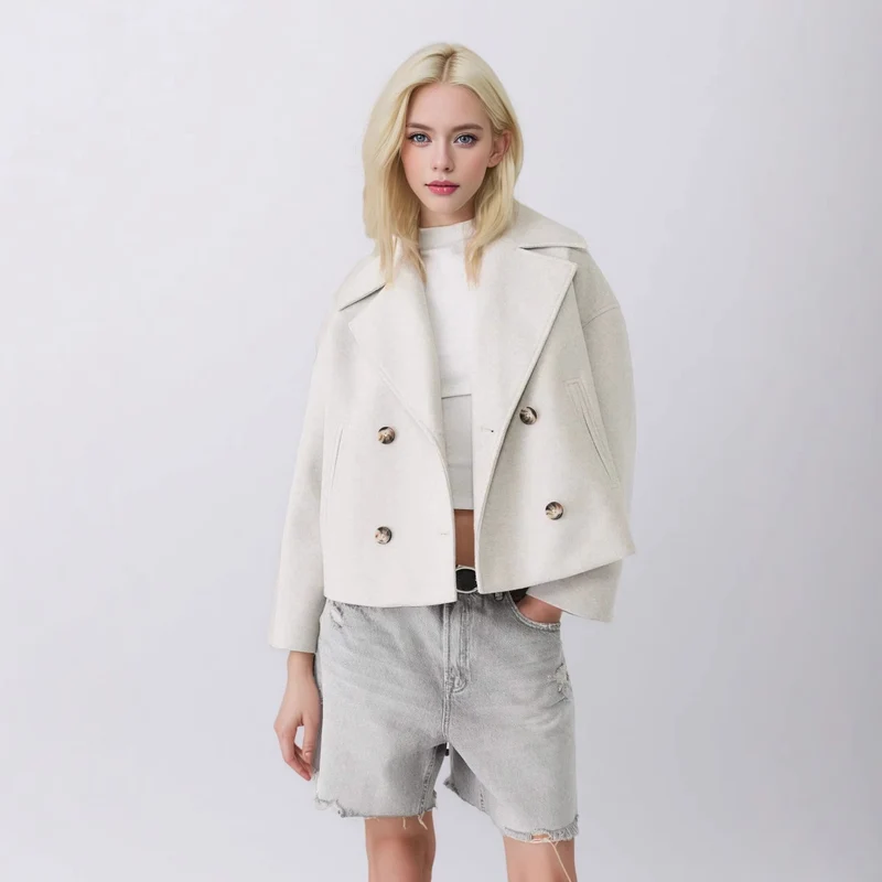 Damen Kurzer Doppelreihiger Wollmix-Mantel mit Oversize-Revers Drune