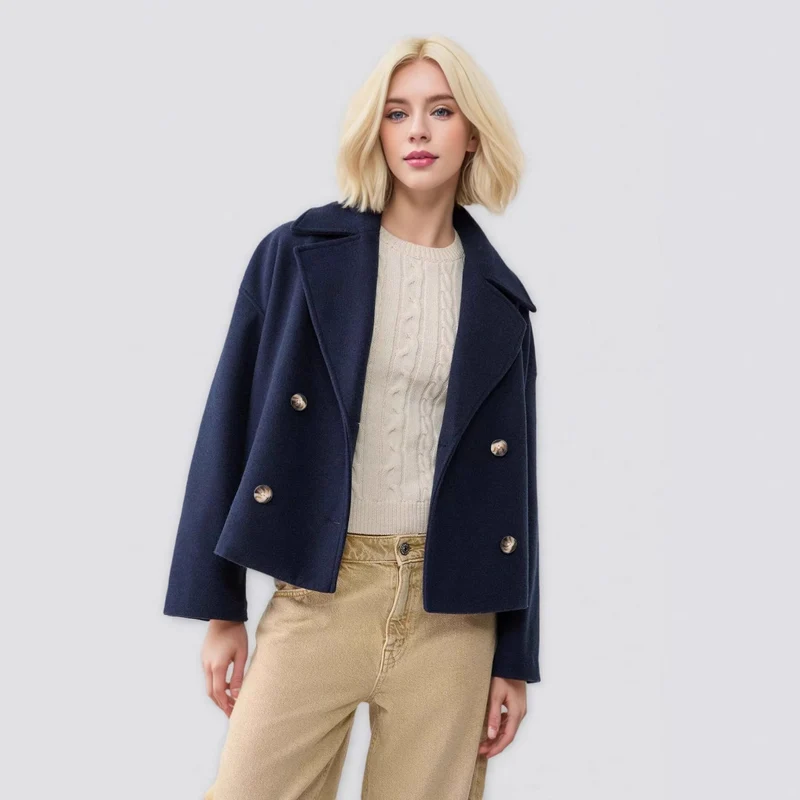 Damen Kurzer Doppelreihiger Wollmix-Mantel mit Oversize-Revers Drune