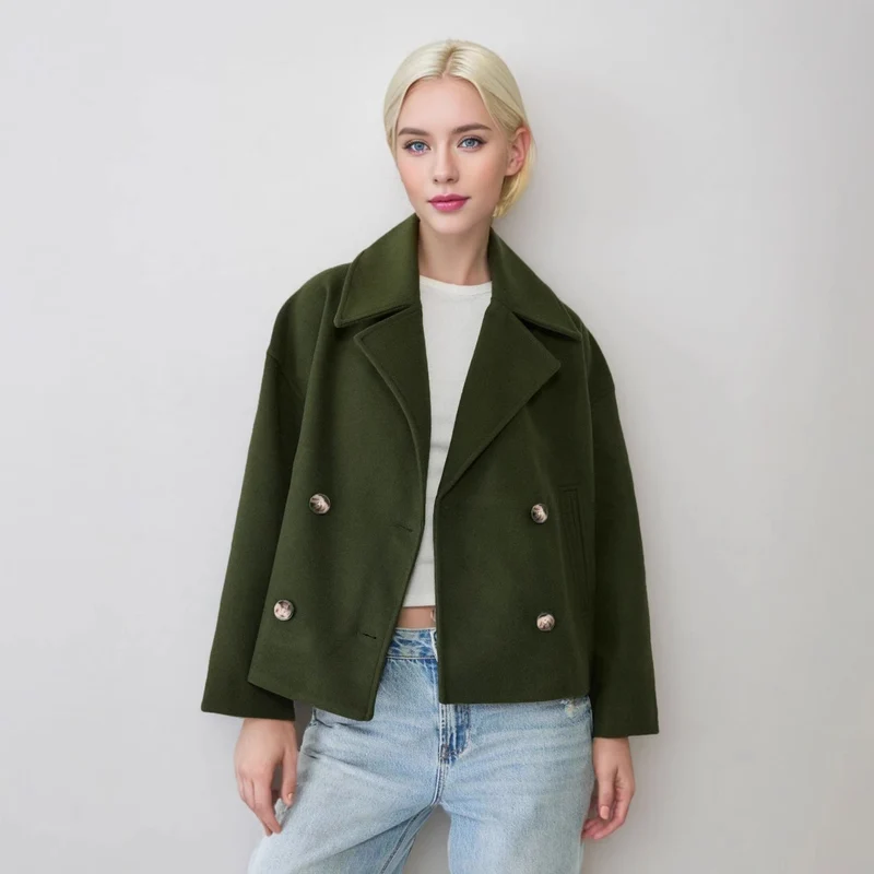 Damen Kurzer Doppelreihiger Wollmix-Mantel mit Oversize-Revers Drune