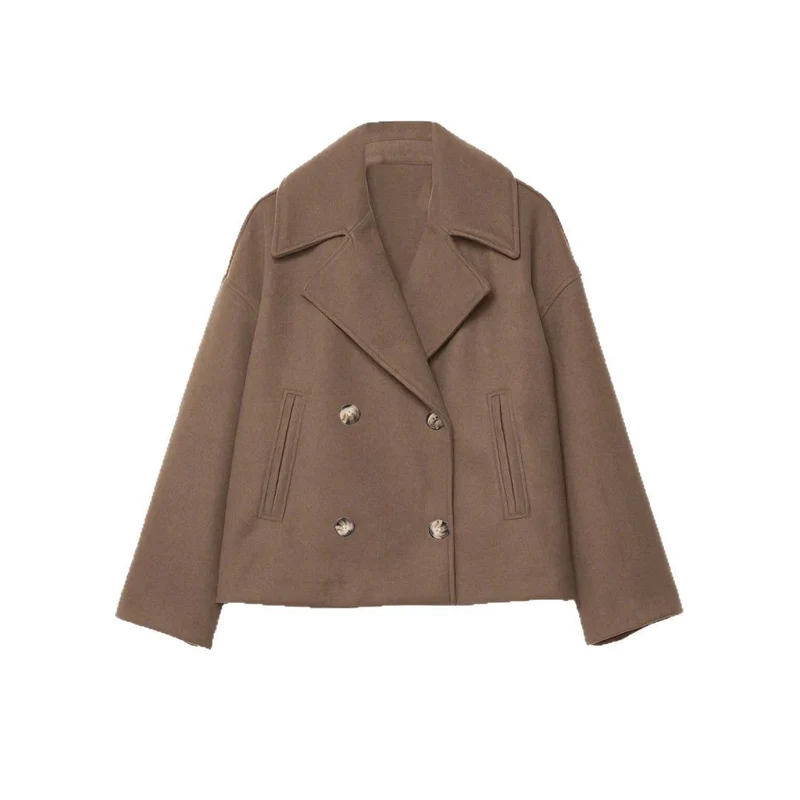 Damen Kurzer Doppelreihiger Wollmix-Mantel mit Oversize-Revers Drune