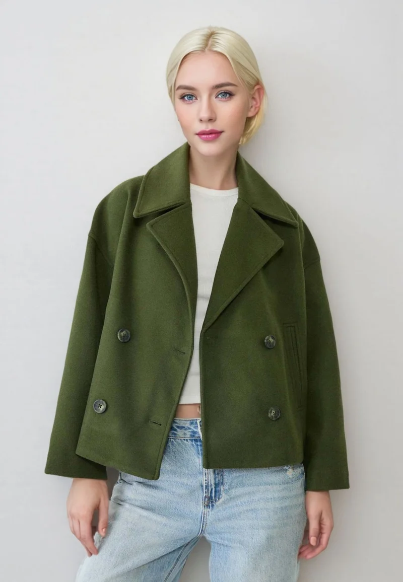 Damen Kurzer Doppelreihiger Wollmix-Mantel mit Oversize-Revers Drune