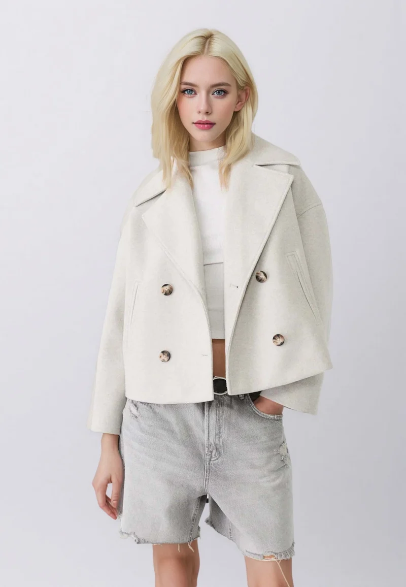Damen Kurzer Doppelreihiger Wollmix-Mantel mit Oversize-Revers Drune