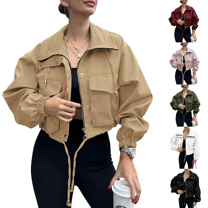 Damen kurze Utility-Jacke mit Kordelzug, Reißverschluss und aufgesetzten Taschen Drune