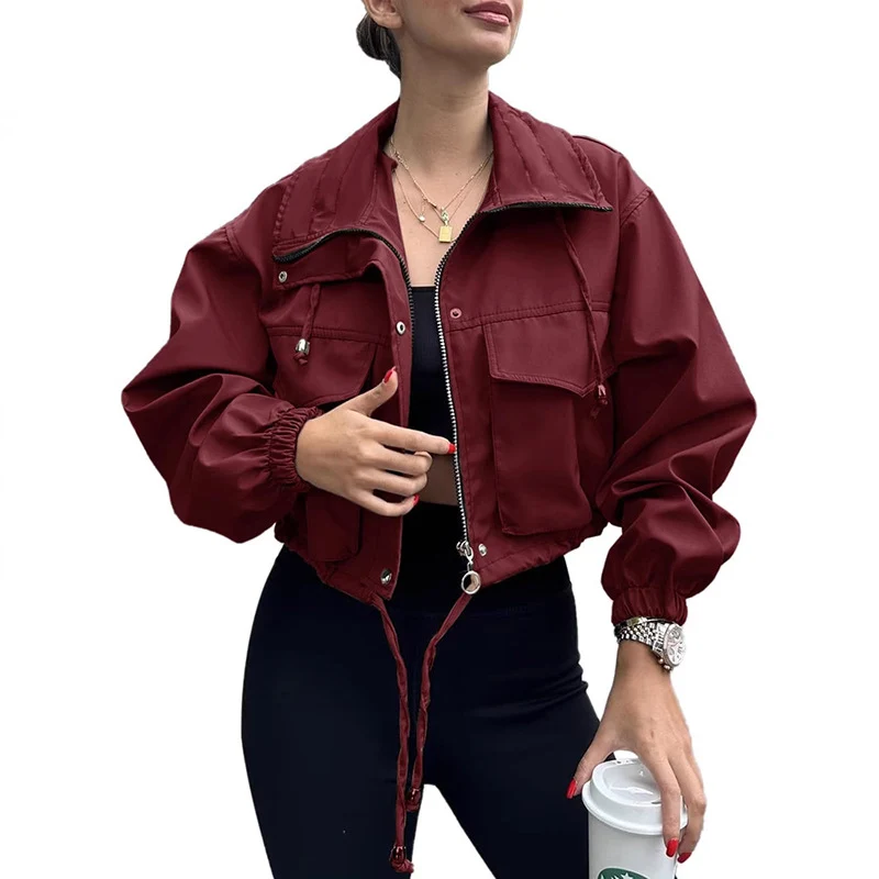 Damen kurze Utility-Jacke mit Kordelzug, Reißverschluss und aufgesetzten Taschen Drune
