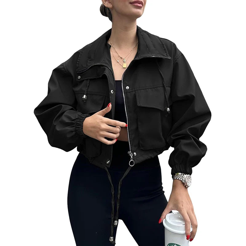 Damen Kurze Utility-Bomberjacke mit Kordelzug und Oversized-Ärmeln Drune