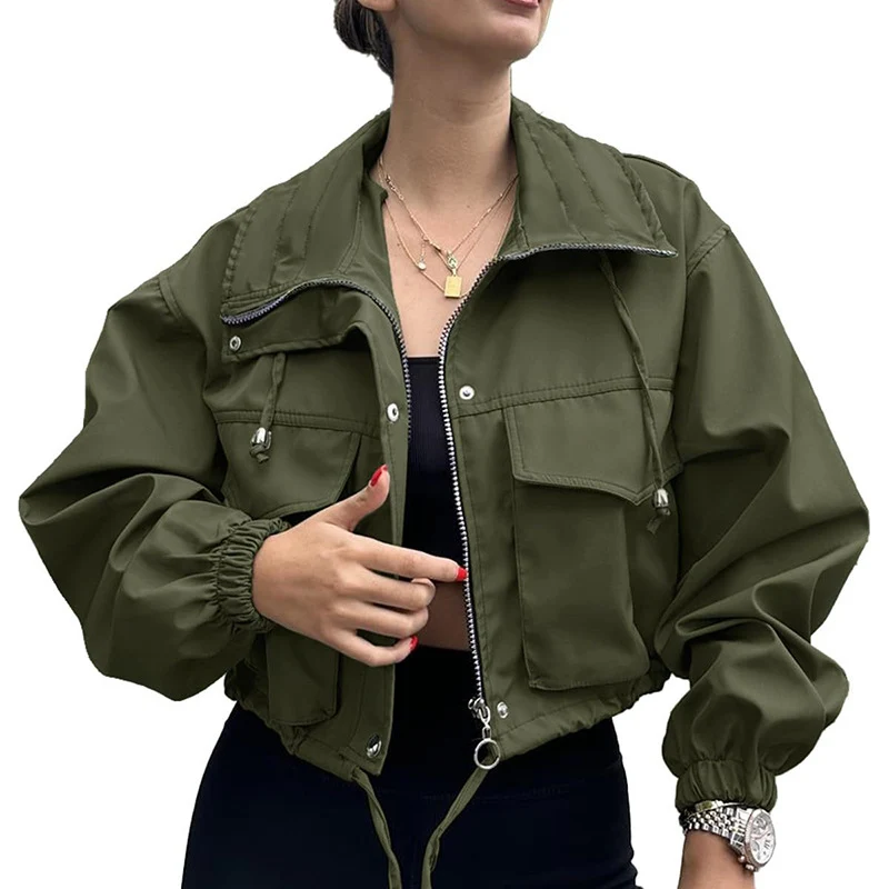 Damen Kurze Utility-Bomberjacke mit Kordelzug und Oversized-Ärmeln Drune