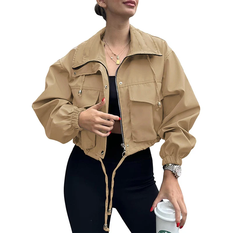Damen Kurze Utility-Bomberjacke mit Kordelzug und Oversized-Ärmeln Drune