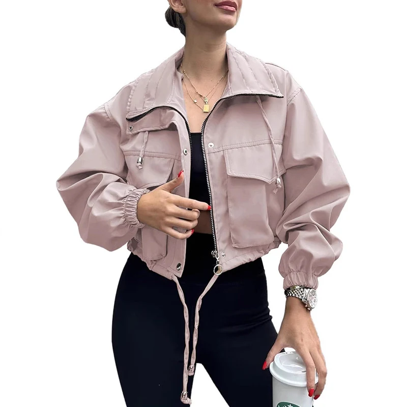 Damen Kurze Utility-Bomberjacke mit Kordelzug und Oversized-Ärmeln Drune