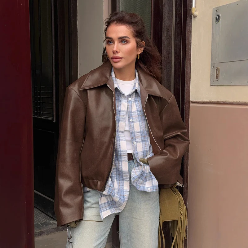 Damen Kurze Oversize Kunstlederjacke mit Hemdkragen und elastischem Saum Drune
