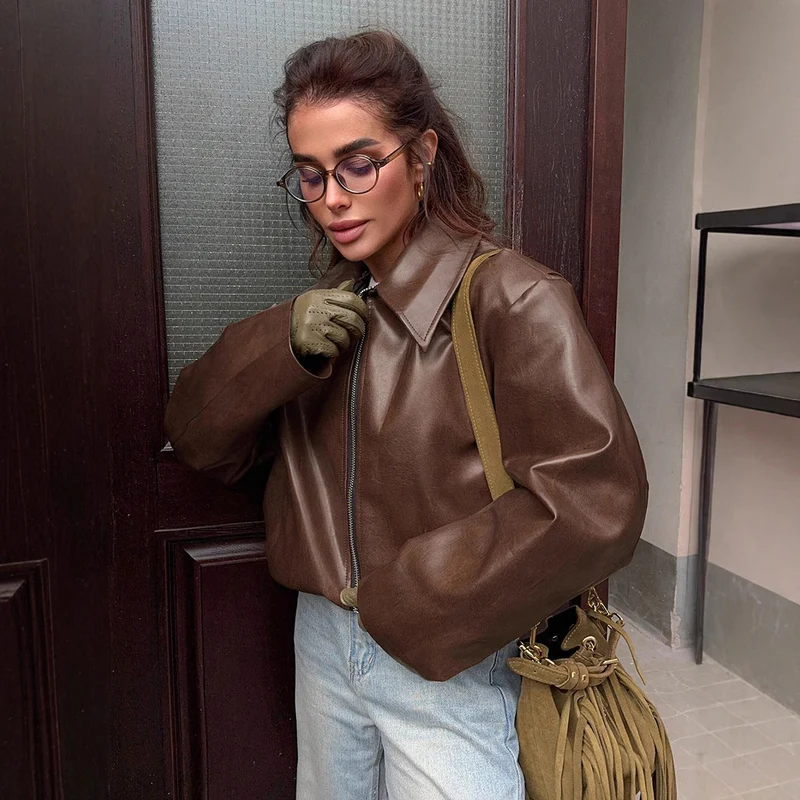 Damen Kurze Oversize Kunstlederjacke mit Hemdkragen und elastischem Saum Drune
