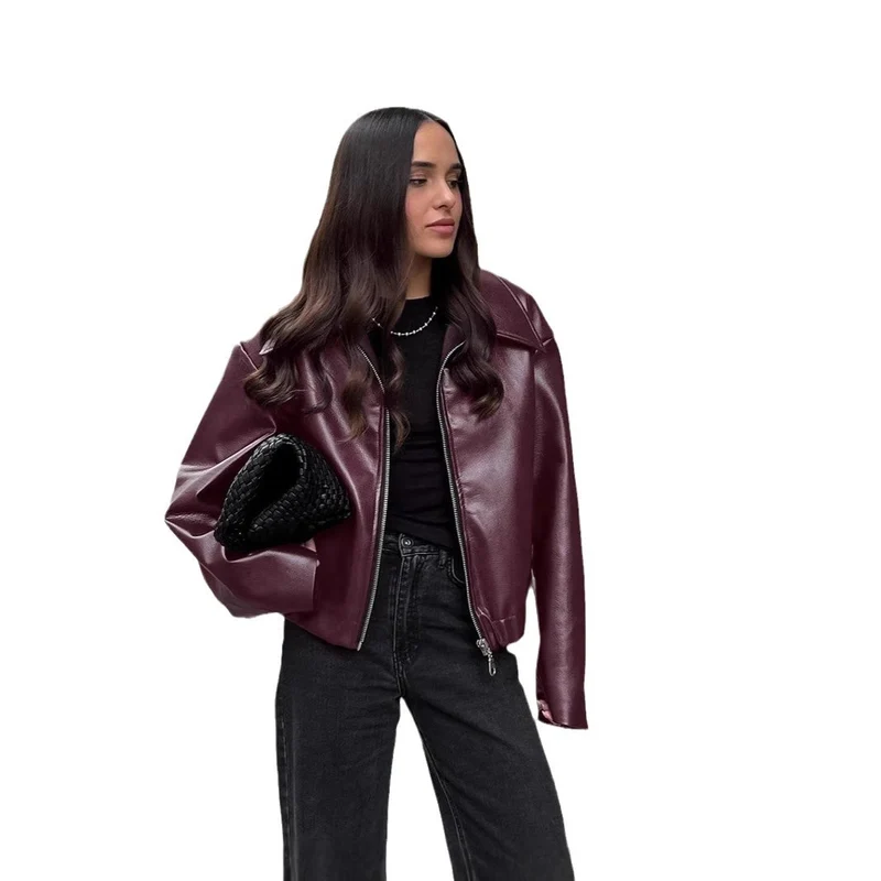 Damen Kurze Oversize Kunstlederjacke mit Hemdkragen und elastischem Saum Drune