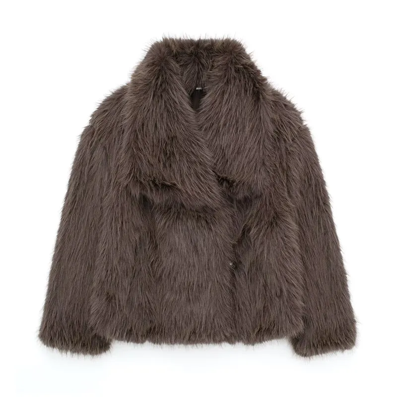 Damen Kurze Kunstfelljacke mit voluminösem Schalkragen Drune
