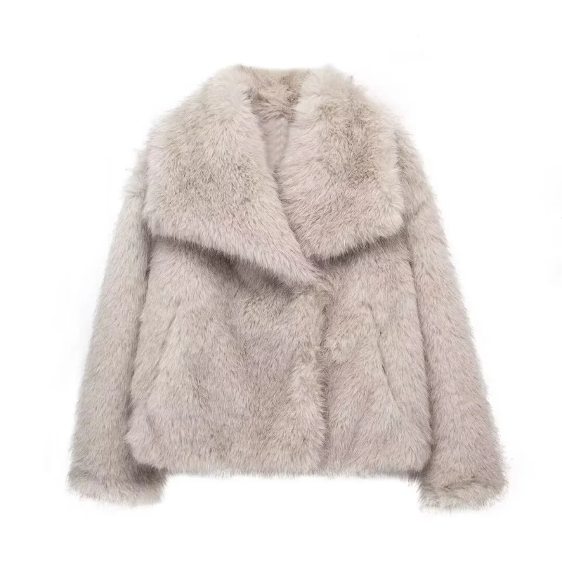 Damen Kurze Kunstfelljacke mit voluminösem Schalkragen Drune