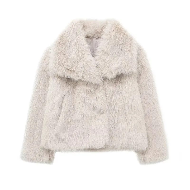 Damen Kurze Kunstfelljacke mit voluminösem Schalkragen Drune