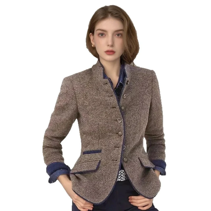 Damen Kurzblazer mit Stehkragen und Samtbesatz Drune