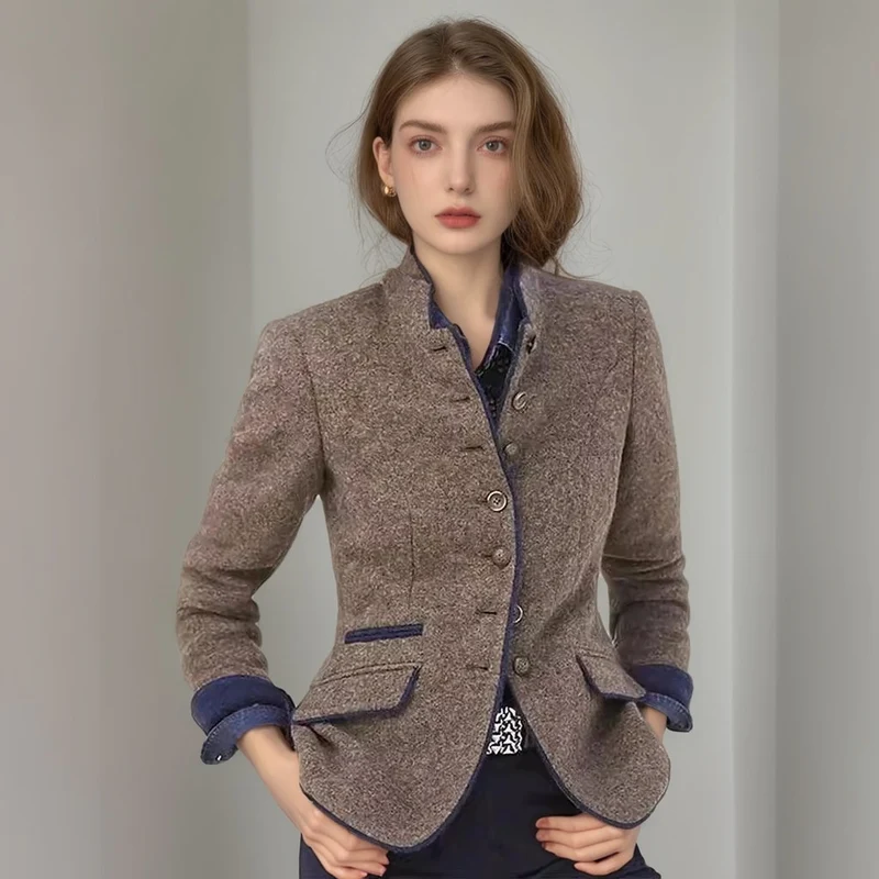 Damen Kurzblazer mit Stehkragen und Samtbesatz Drune