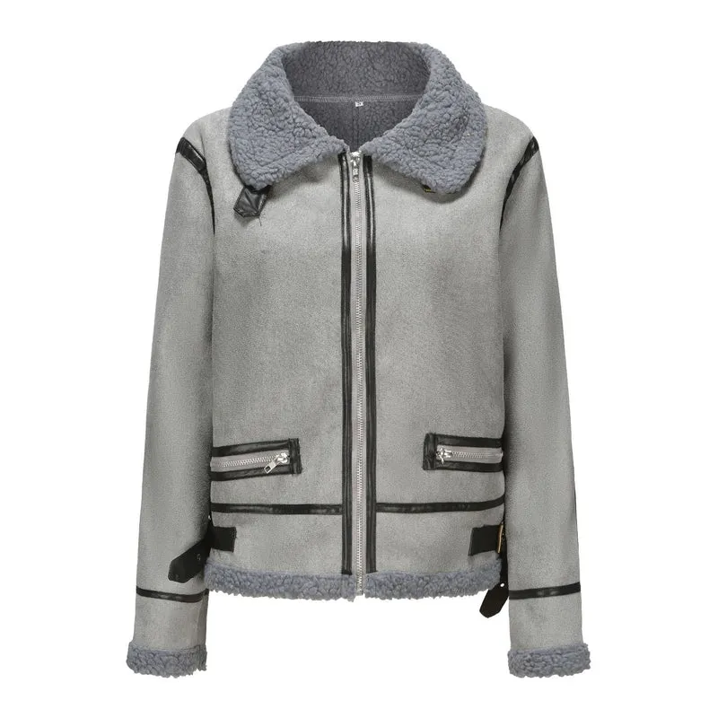 Damen Kurz geschnittene Aviator Lammfell‑Imitatjacke mit Teddyfutter und Kunstlederbesatz Drune