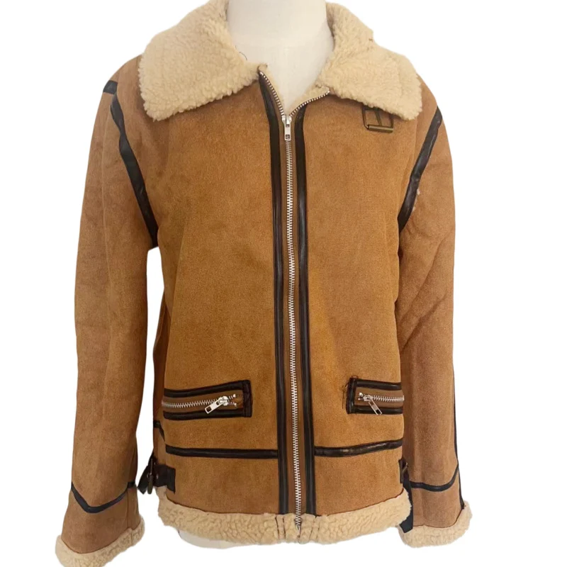 Damen Kurz geschnittene Aviator Lammfell‑Imitatjacke mit Teddyfutter und Kunstlederbesatz Drune