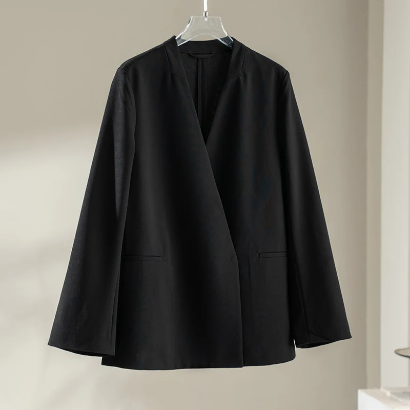 Damen Kragenloser Blazer mit V-Ausschnitt und minimalistischer Boxy-Silhouette Drune