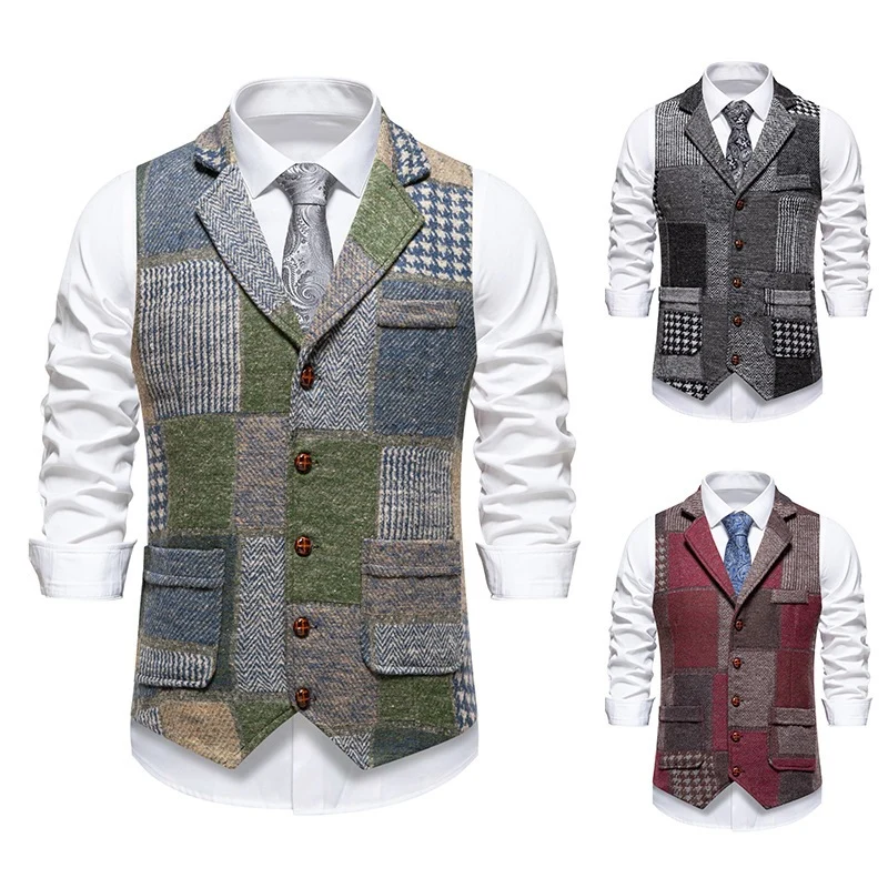 Herren Weste im Patchwork‑Tweed mit Revers und aufgesetzten Taschen Drune