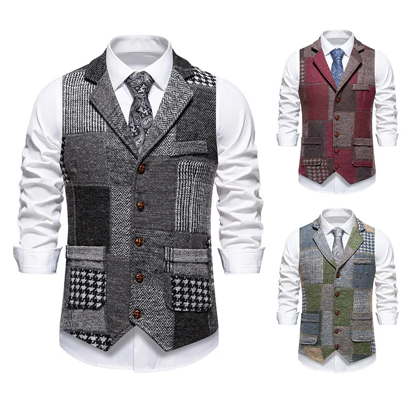 Herren Weste im Patchwork‑Tweed mit Revers und aufgesetzten Taschen Drune