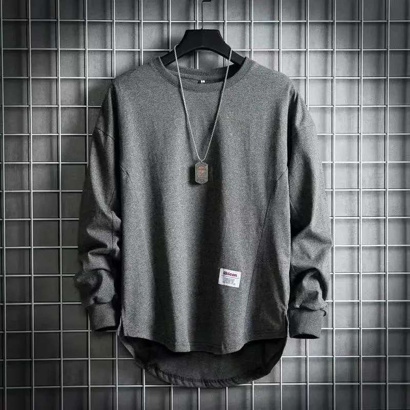 Herren weites Langarm-Sweatshirt mit verlängertem Rückensaum und aufgenähtem Label Drune