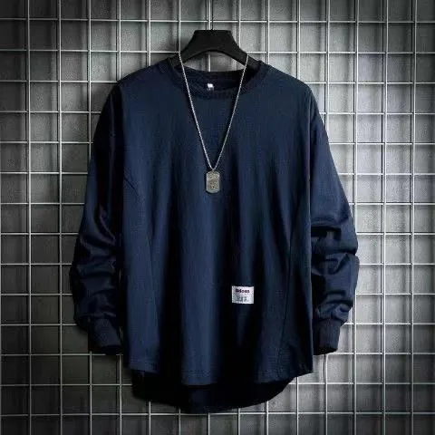 Herren weites Langarm-Sweatshirt mit verlängertem Rückensaum und aufgenähtem Label Drune