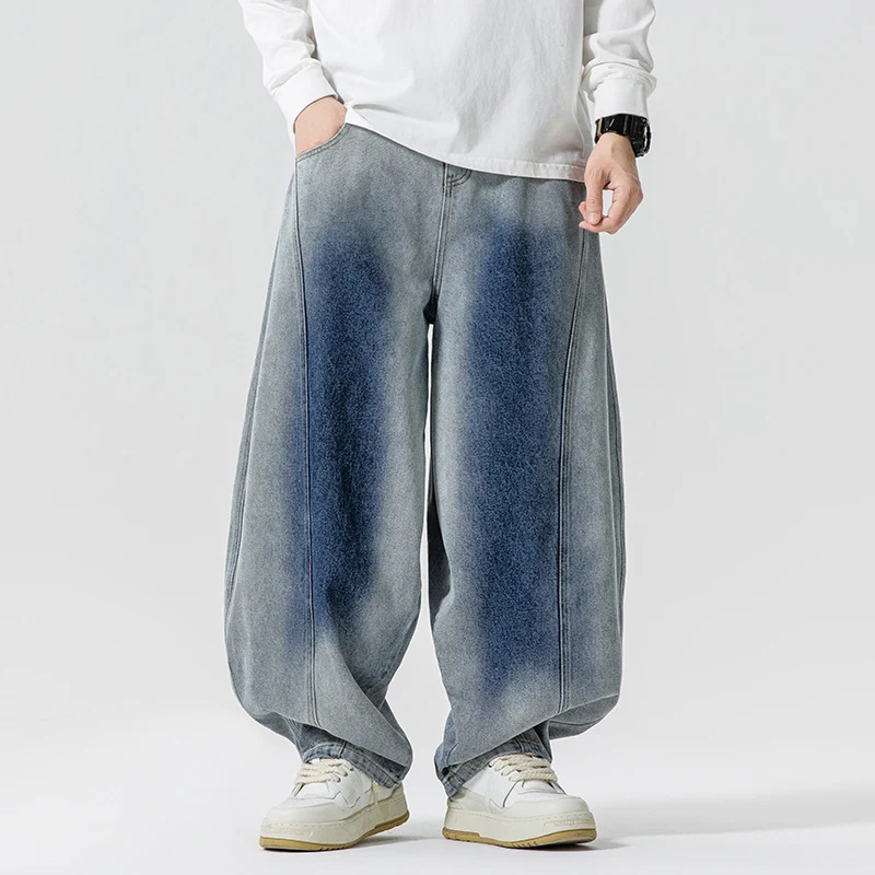 Herren Weite Paneel‑Denimhose mit Ballonbeinen und tiefem Schritt Drune