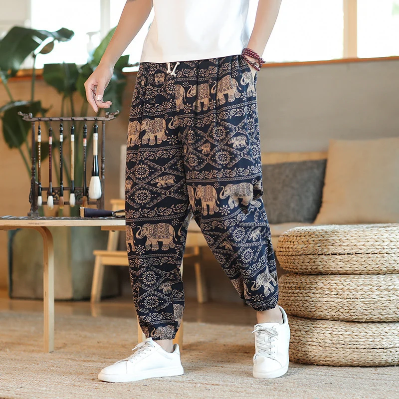 Herren Weite Haremshose im Boho-Print mit elastischem Tunnelzug und gekräuseltem Knöchelbund Drune