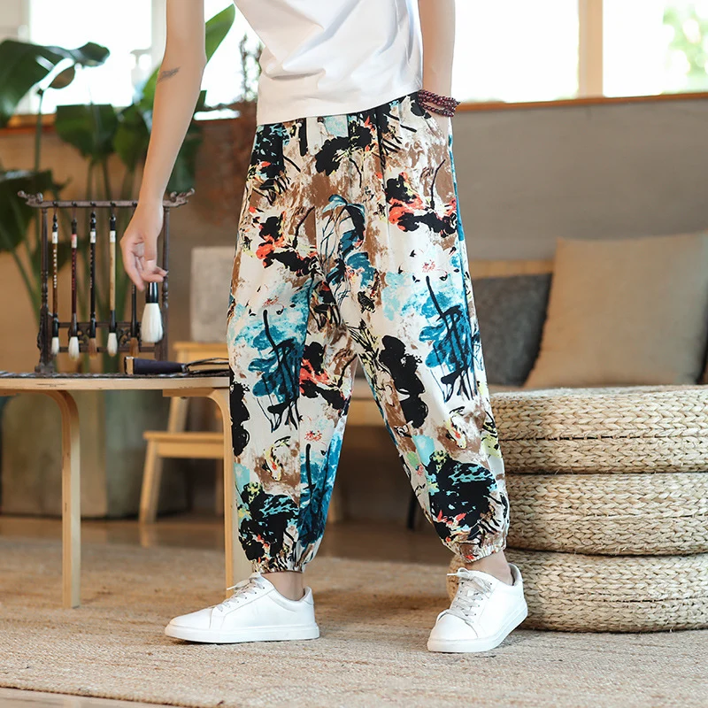 Herren Weite Haremshose im Boho-Print mit elastischem Tunnelzug und gekräuseltem Knöchelbund Drune