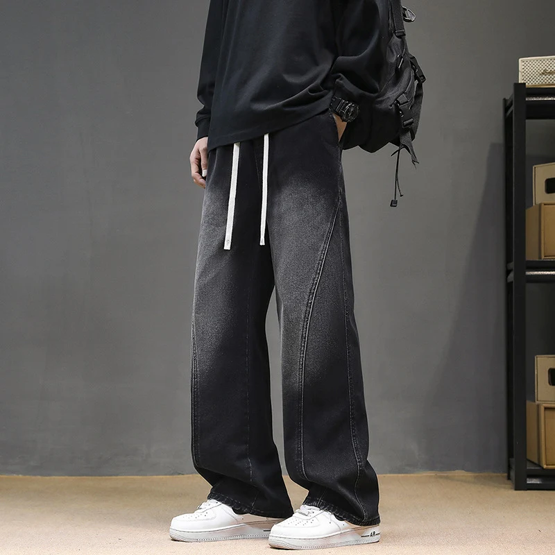 Herren Weite Denim‑Baggy‑Jeans mit Tunnelzugbund, tiefem Schritt und markanten Ziernähten Drune