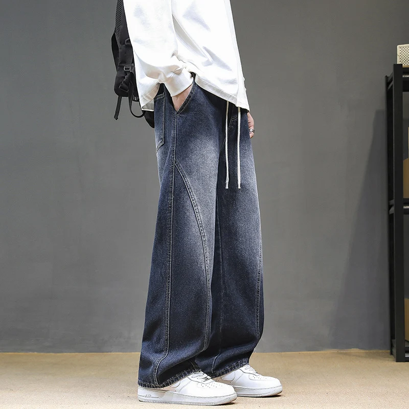 Herren Weite Denim‑Baggy‑Jeans mit Tunnelzugbund, tiefem Schritt und markanten Ziernähten Drune