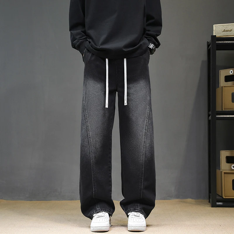 Herren Weite Denim‑Baggy‑Jeans mit Tunnelzugbund, tiefem Schritt und markanten Ziernähten Drune