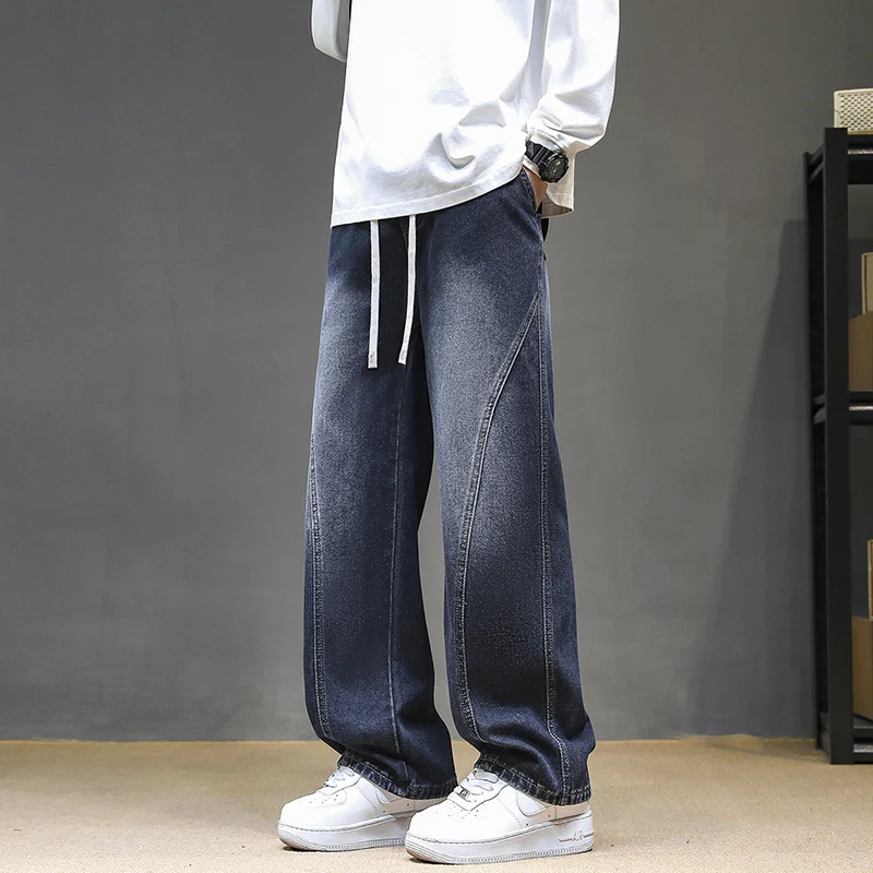 Herren Weite Denim‑Baggy‑Jeans mit Tunnelzugbund, tiefem Schritt und markanten Ziernähten Drune