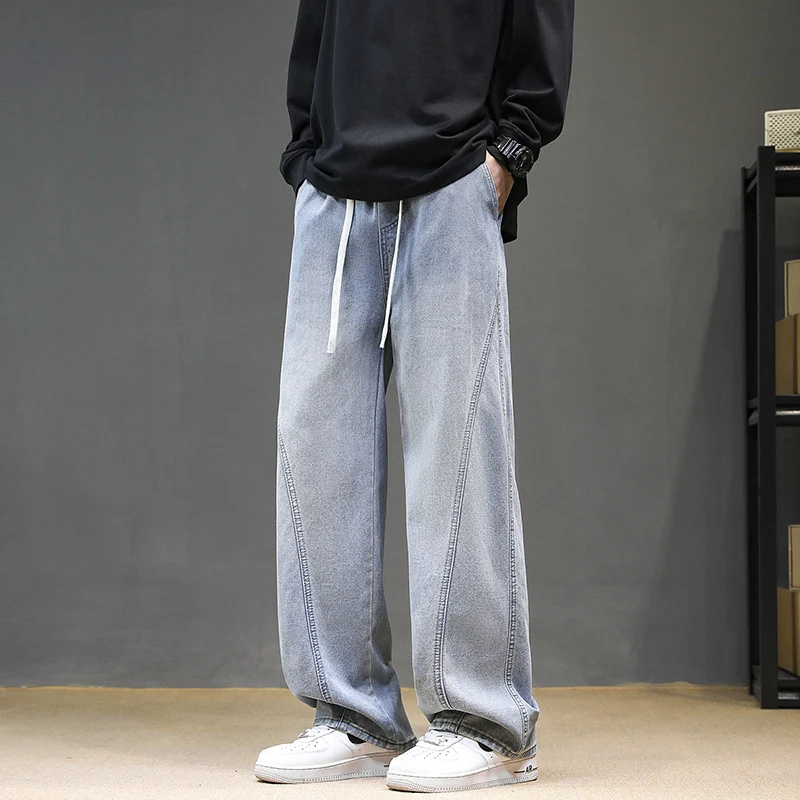 Herren Weite Denim‑Baggy‑Jeans mit Tunnelzugbund, tiefem Schritt und markanten Ziernähten Drune