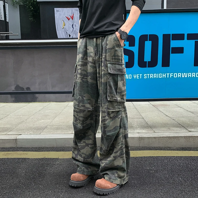 Herren Weite Camouflage-Cargohose mit tiefem Schritt, Multi‑Taschen und elastischem Bund Drune