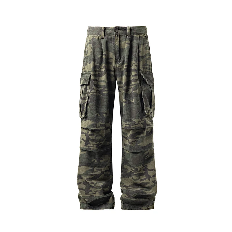 Herren Weite Camouflage-Cargohose mit tiefem Schritt, Multi‑Taschen und elastischem Bund Drune