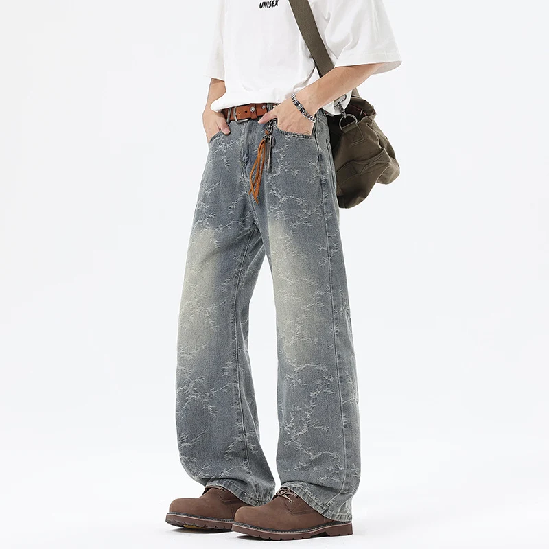 Herren Weit geschnittene Vintage-Denim-Hose im Baggy‑Look mit Marmorwaschung und tiefem Schritt Drune
