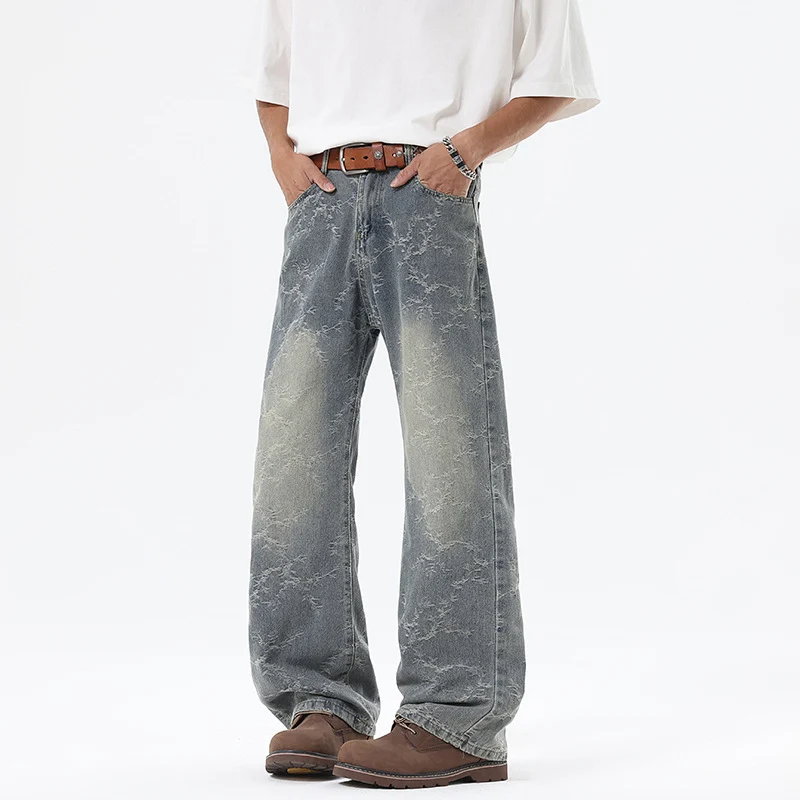 Herren Weit geschnittene Vintage-Denim-Hose im Baggy‑Look mit Marmorwaschung und tiefem Schritt Drune