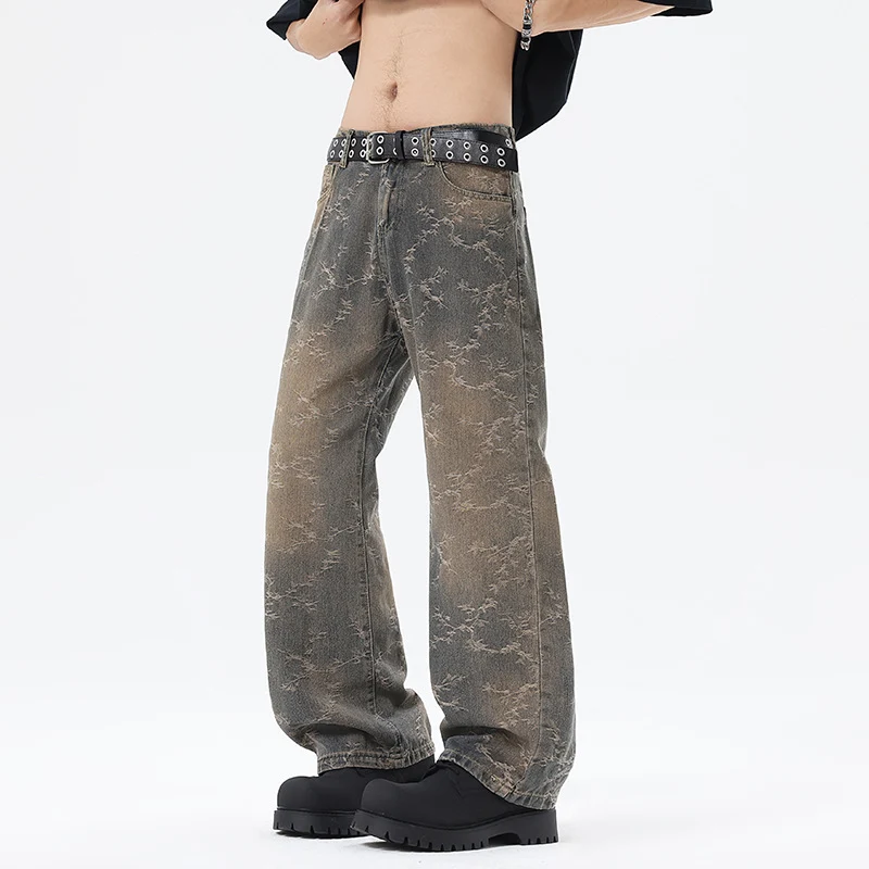 Herren Weit geschnittene Vintage-Denim-Hose im Baggy‑Look mit Marmorwaschung und tiefem Schritt Drune