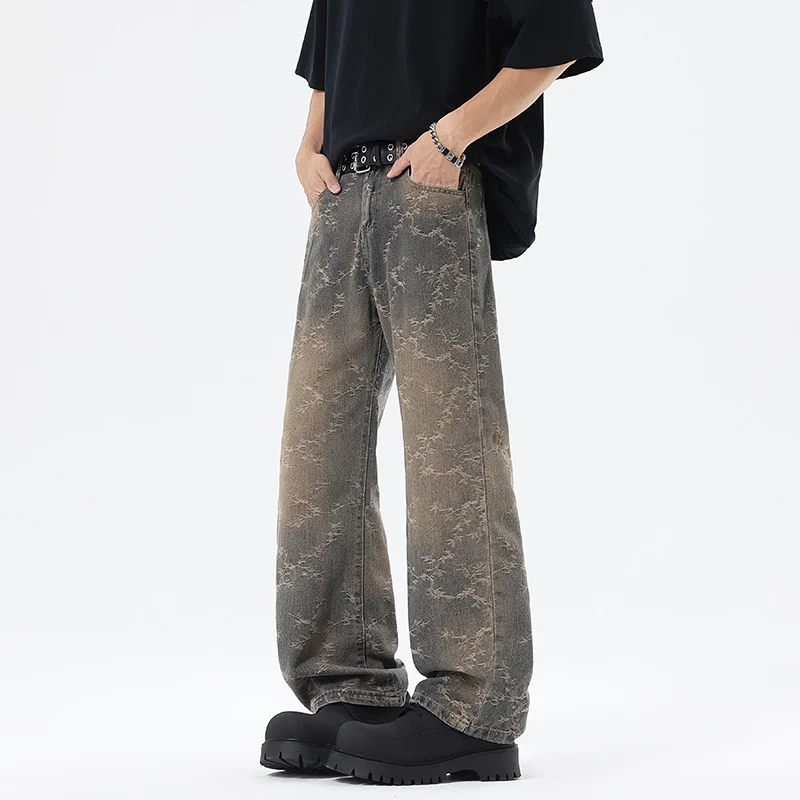 Herren Weit geschnittene Vintage-Denim-Hose im Baggy‑Look mit Marmorwaschung und tiefem Schritt Drune