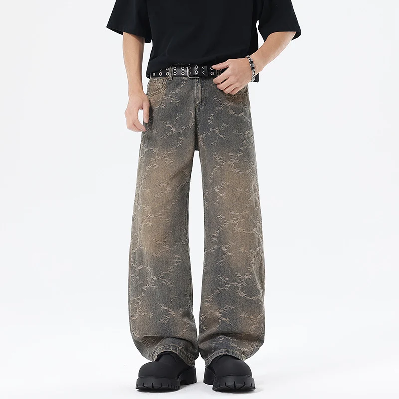 Herren Weit geschnittene Vintage-Denim-Hose im Baggy‑Look mit Marmorwaschung und tiefem Schritt Drune