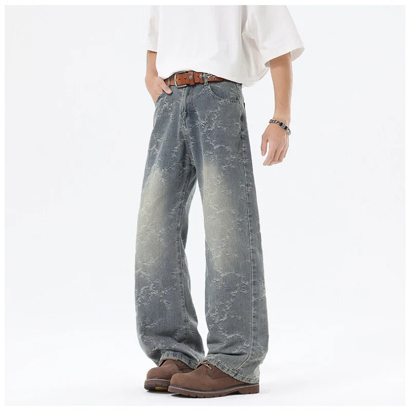 Herren Weit geschnittene Vintage-Denim-Hose im Baggy‑Look mit Marmorwaschung und tiefem Schritt Drune