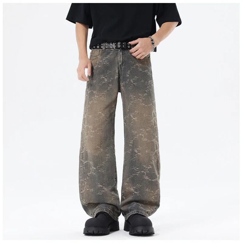 Herren Weit geschnittene Vintage-Denim-Hose im Baggy‑Look mit Marmorwaschung und tiefem Schritt Drune