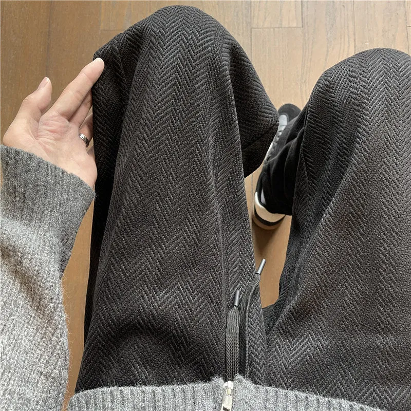 Herren Weit geschnittene Loungehose mit Fischgrätstruktur, elastischem Bund und Tunnelzug Drune