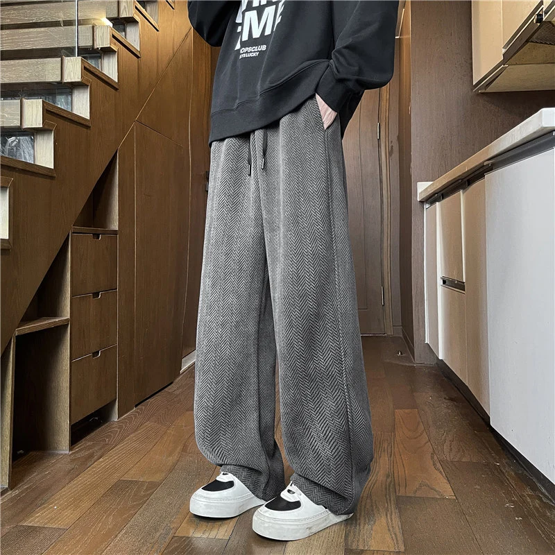 Herren Weit geschnittene Loungehose mit Fischgrätstruktur, elastischem Bund und Tunnelzug Drune